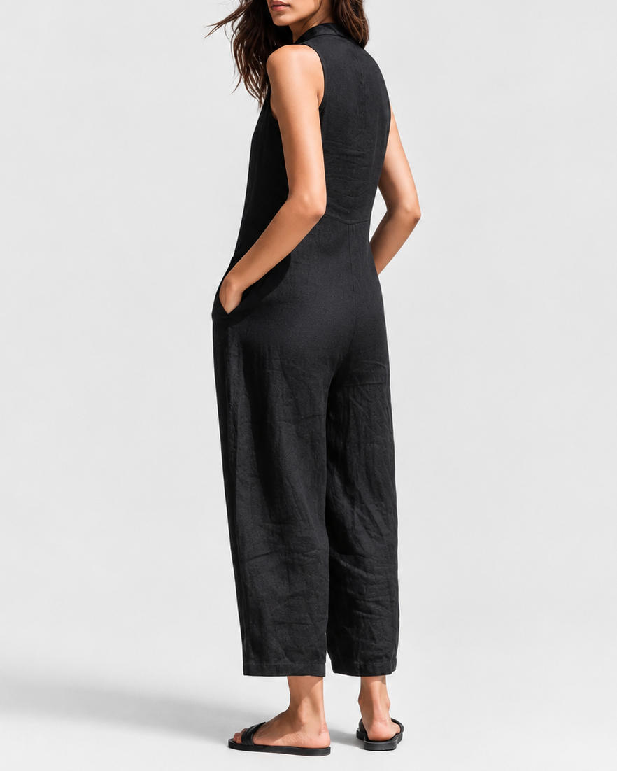 Claudia | Mono minimalista de lino para mujer, sin mangas, cuello alto y botones