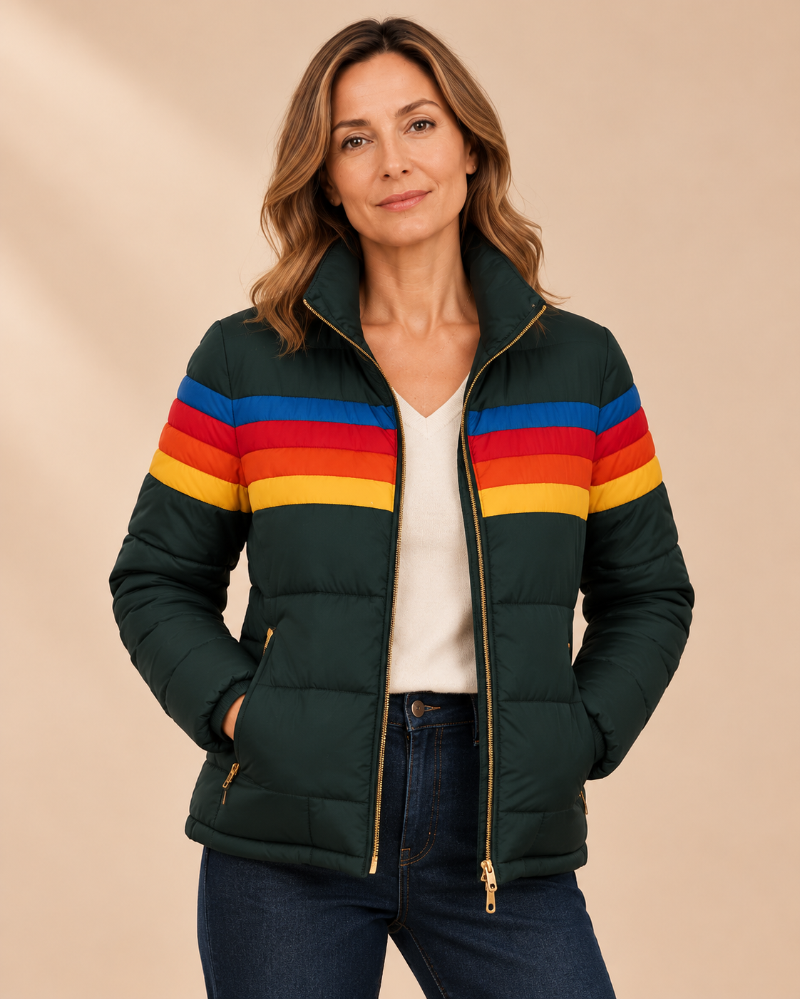 Sonia | Chaqueta Puffer Retro a Rayas para Mujeres