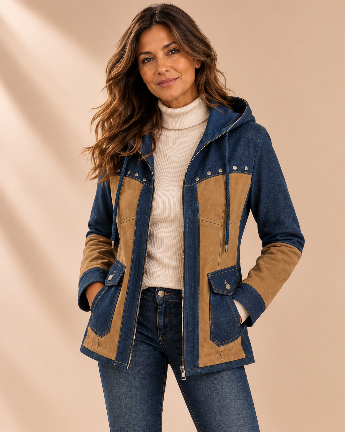 Adriana | Chaqueta con Capucha en Marino y Camel