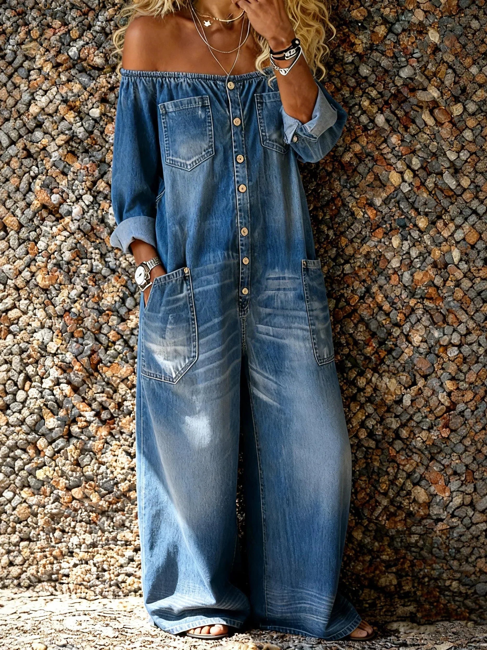 Noa™ | Mono de denim con escote de hombro descubierto
