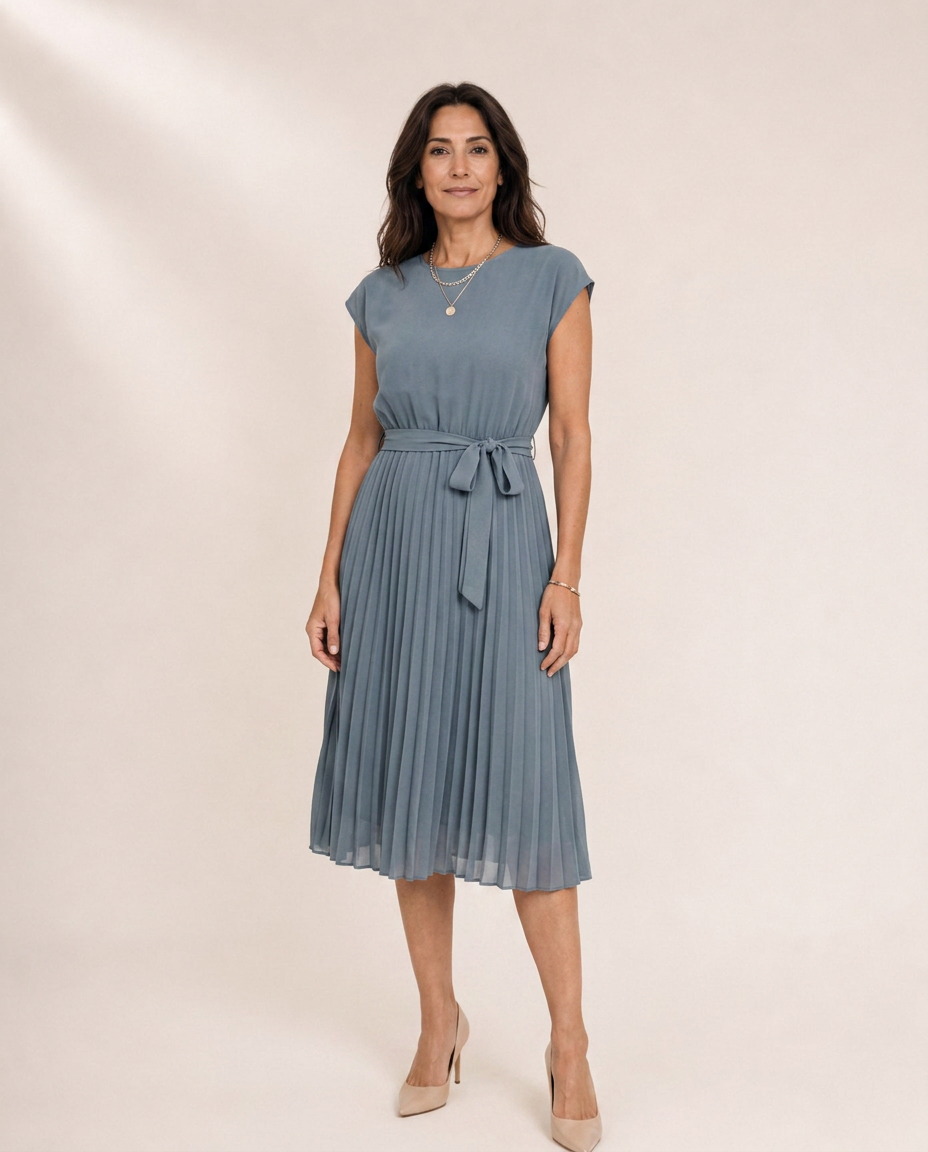 Claire | Manga corta, plisado, vestido midi casual