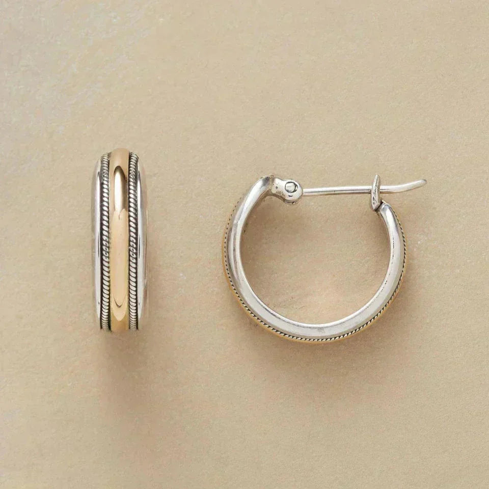 Pendientes de aro de plata con diseño vintage Golden Line